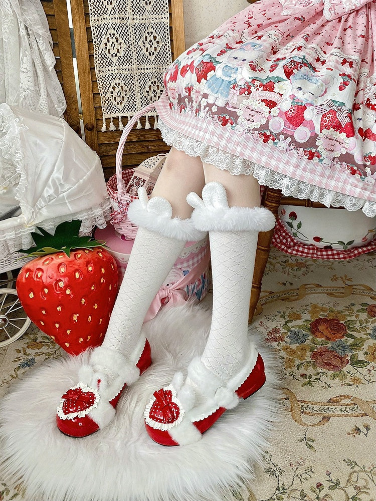 Red Bunny Fur-Trimmed Heart Detail Flat Winter Shoes - Cute Bunny