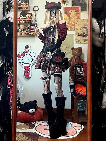 Cat Black Punk Print Style And Letter Waist in Bag Accents Ear Skeleton