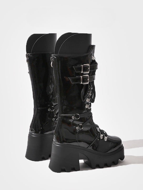 Black Mid-Calf Lace-Up Tongue - Straps Boots Gothic with Design Buckle Chunky Cutout Circle