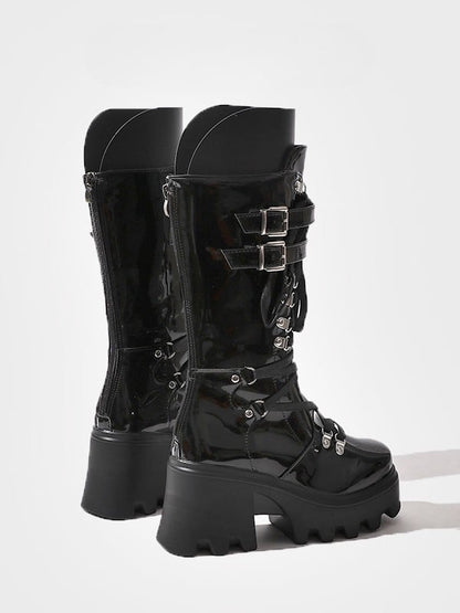 Black Mid-Calf Lace-Up Tongue - Straps Boots Gothic with Design Buckle Chunky Cutout Circle