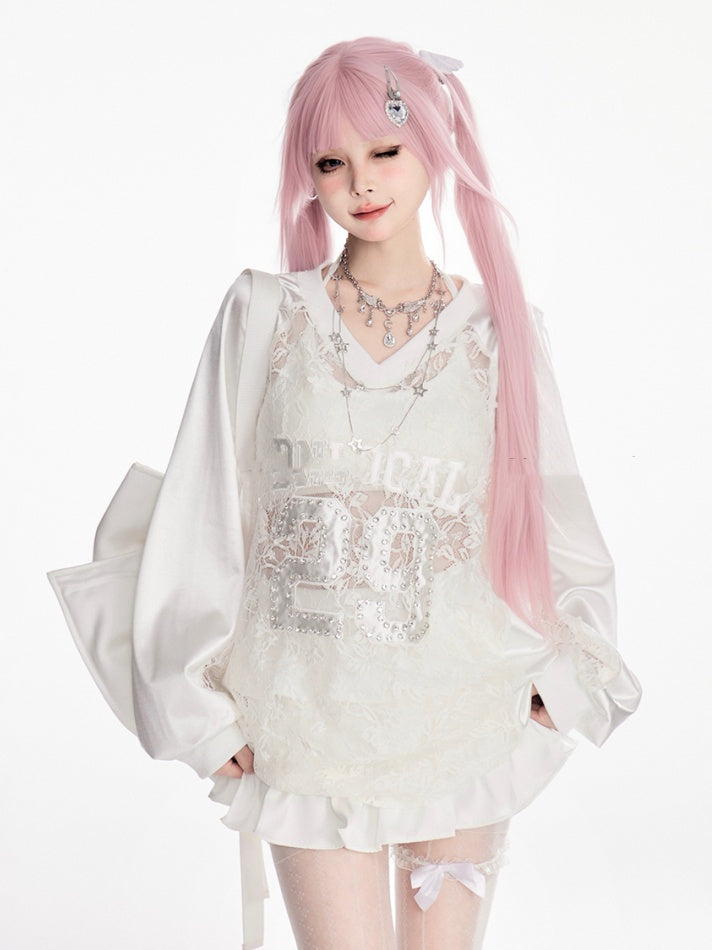 Sweatshirt Weiß V-Ausschnitt Kontrast Spitze Patches Nummer Applikation Sommer