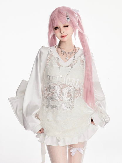 Sweatshirt Weiß V-Ausschnitt Kontrast Spitze Patches Nummer Applikation Sommer