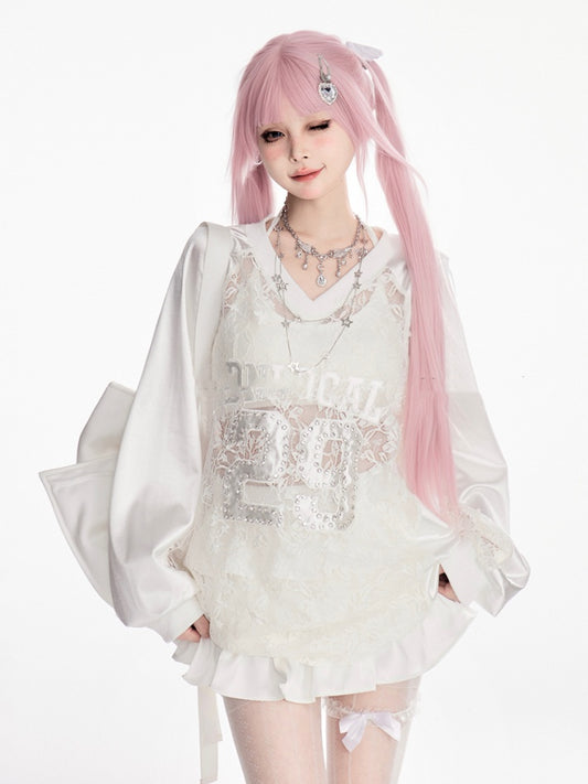 Sweatshirt White V-neck Contrast Lace Patches Number Applique Summer