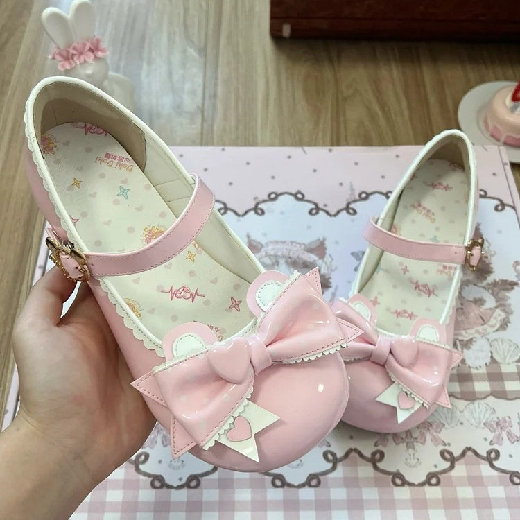 in Bear Closure Lolita Pink Ear Low-heel with PU Top Mary Bow Sweet Teddy Janes