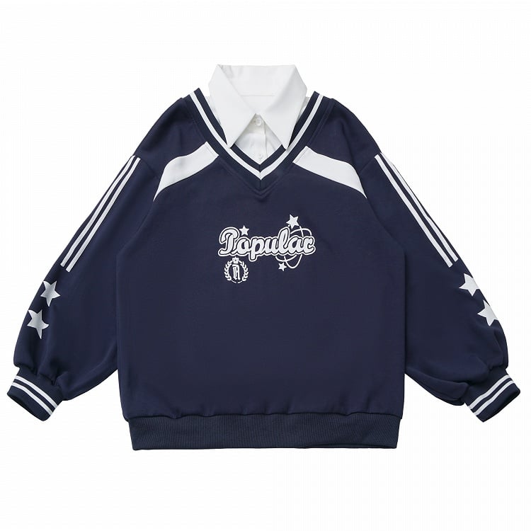 with Collegiate Version Faux Wine Long/Short Blue Star Sweatshirt Red/Navy Two-Piece Print in