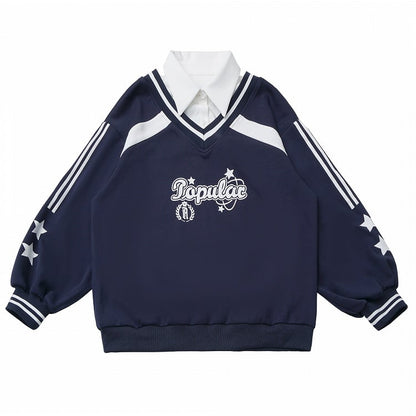 with Collegiate Version Faux Wine Long/Short Blue Star Sweatshirt Red/Navy Two-Piece Print in