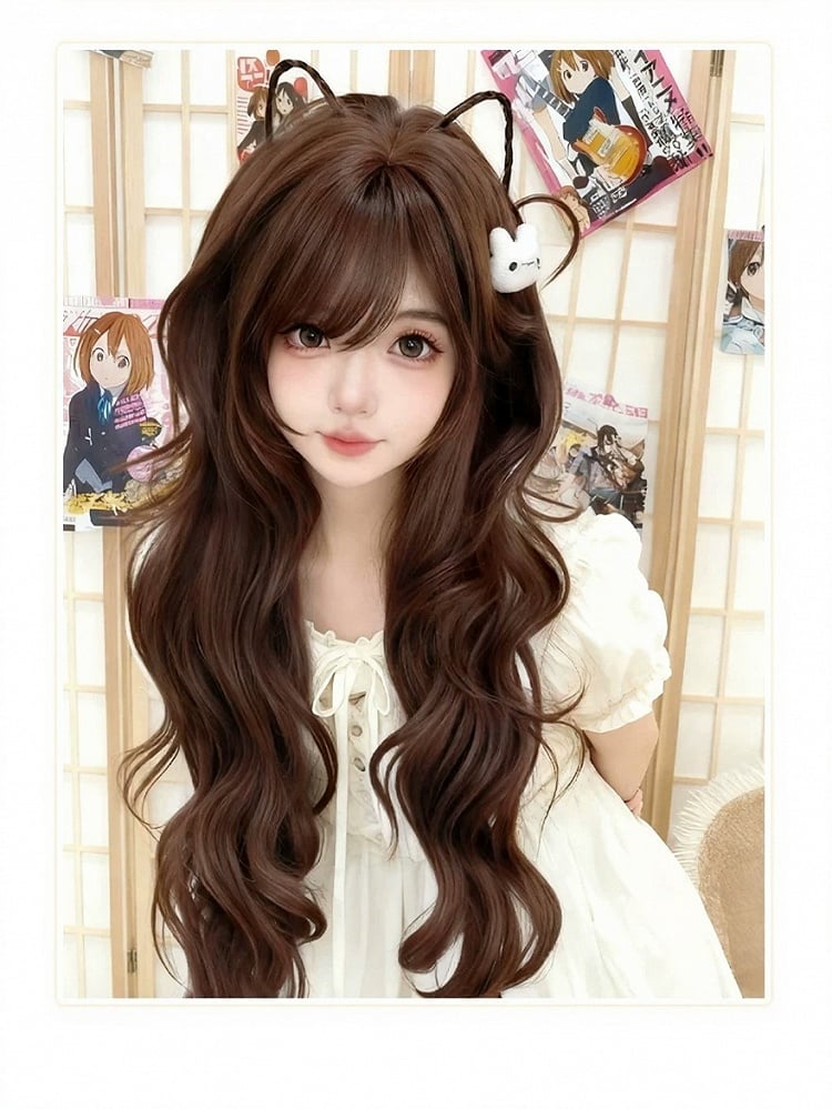 Chocolate Brown Wavy Wig with Side-Swept Bangs - Meow Island Wig