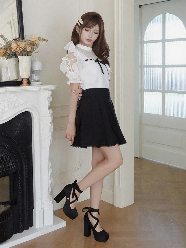 Plus Size White Seiso-kei Cutout Shoulder Blouse with Tulle Panel and Ruffle Accents - Smyster
