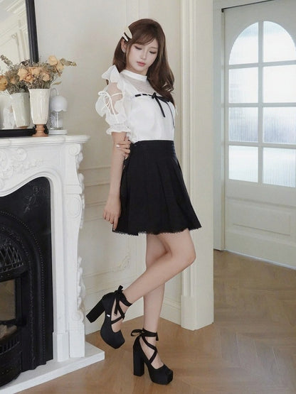 Plus Size White Seiso-kei Cutout Shoulder Blouse with Tulle Panel and Ruffle Accents - Smyster
