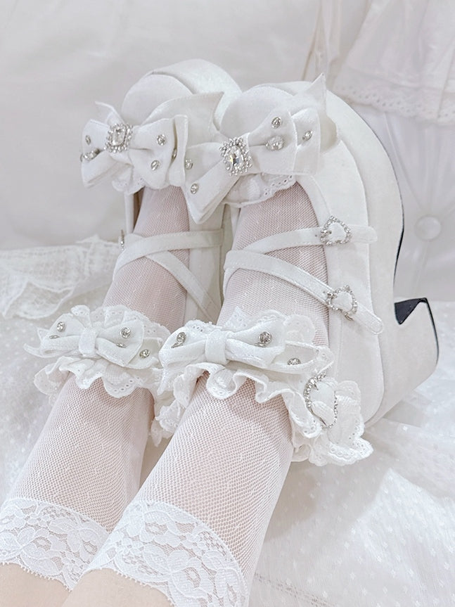Bittersweet Trim Platform Sneakers White Rhinestone Cross Details Heart Charm Ruffles