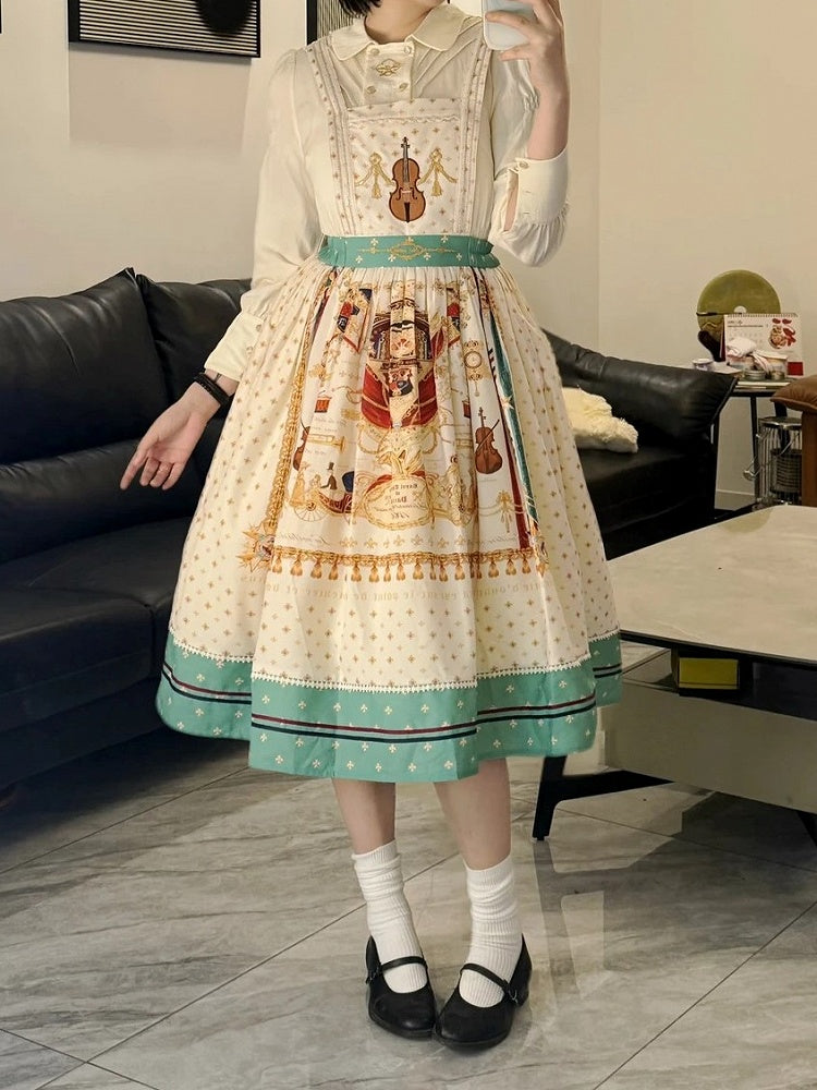 White Musical Print Overall Dress with Detachable Straps - Crucis Universal Tailor Company
