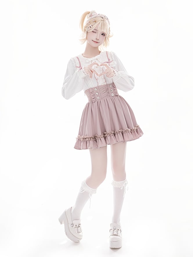 Beaded Collar Long Lace Shaped Pink Kei Sleeve and Heart Square Buttons Jirai with Blouse: