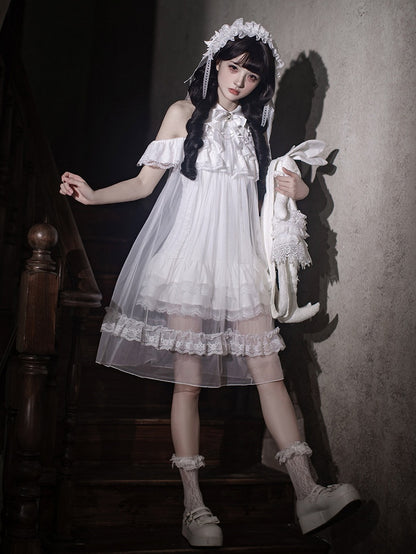 White Landmine Style Cutout Shoulder Dress with Sheer Overlay, Lace and Bow Tie - Ekomi