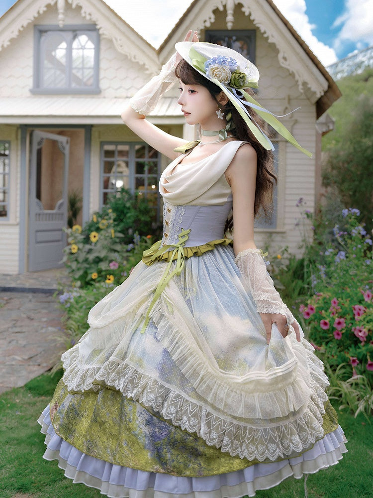 Art Print Skirt Classic Lolita Cowl Neck JSK Dress with Drawstring Overlay - Moonlight Dream