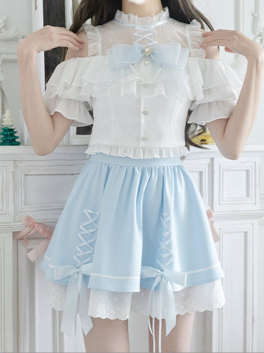 イリュージョンスカートショルダーブルークロスオープンホワイトデザイントップ+ネックラインケイセットジライ