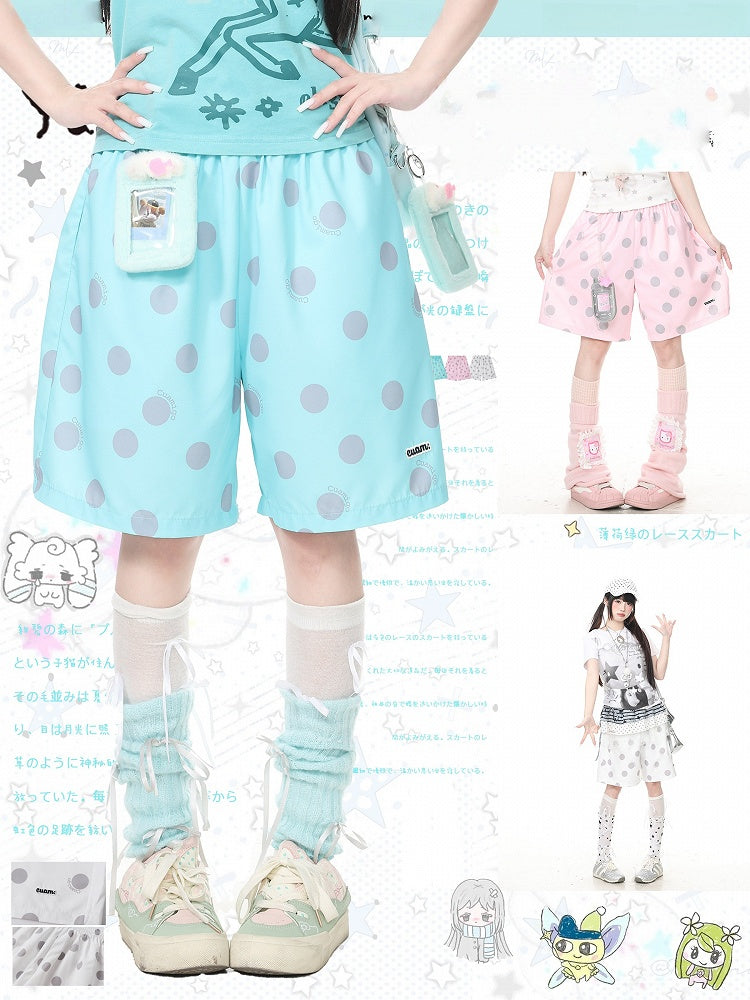 White Loose Fit Kawaii Polka Dot Bottoms - Languid Park