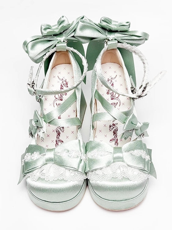 Jane Block Motif in Fastener Heart with Blossom Heel Green Bow Satin High Sweet Accents Shoes Cherry Mary Loltia