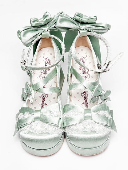 Jane Block Motif in Fastener Heart with Blossom Heel Green Bow Satin High Sweet Accents Shoes Cherry Mary Loltia
