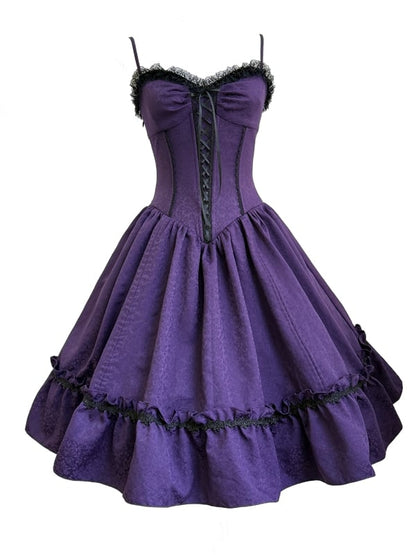 Gothic Purple Dress Straps Jumper Waist Spaghetti Skirt Corset Lolita