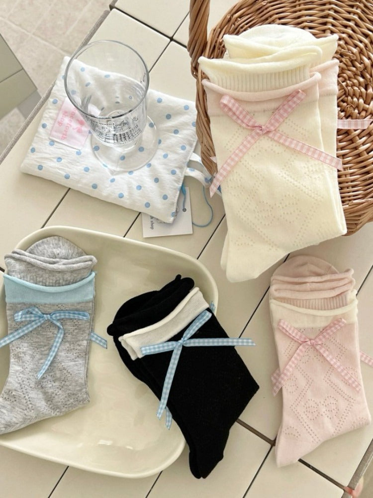 Colorblock Ankle Socks with Bowknot Details - Xi Shang Mei Shao
