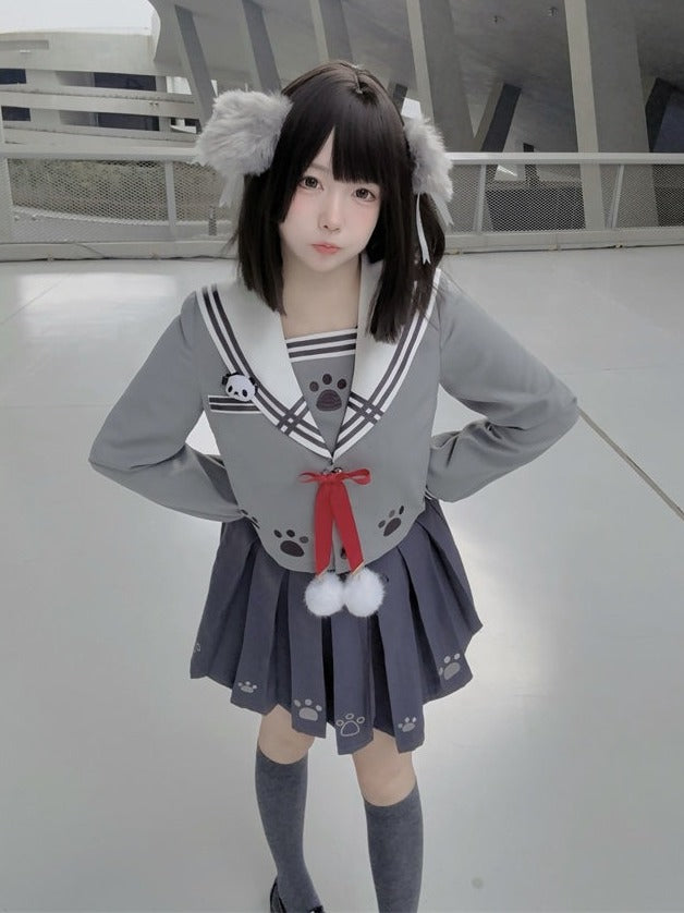 Wolf Motif Gray Sailor-Collar Long Sleeve Tee with Bows and Pom-Poms - To Alice