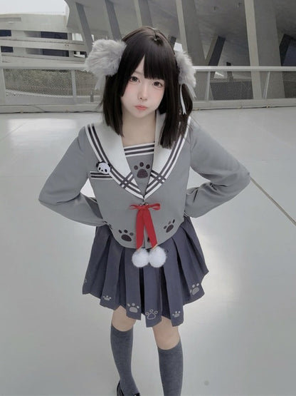 Wolf Motif Gray Sailor-Collar Long Sleeve Tee with Bows and Pom-Poms - To Alice