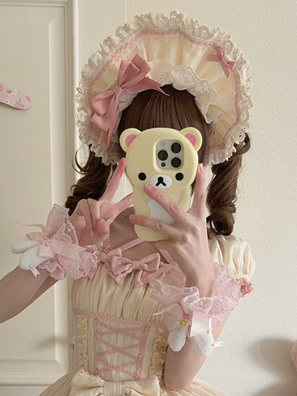 スクールオールドピンクのトリムボンネットレースロリータイエロー、蝶結びのディテール付き