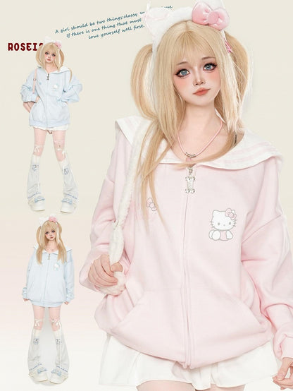ピンク/ライトブルー/グレー/ブラック キティプリント セーラーカラー ジップ開閉 厚手スウェットシャツ