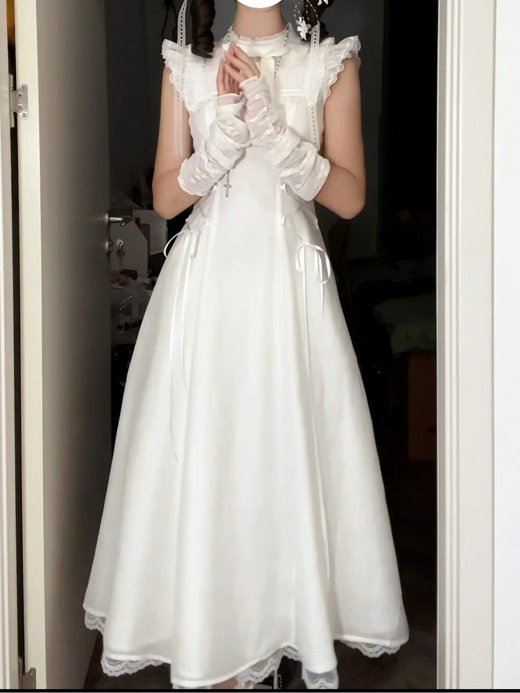 Pure Flutter Waist White Lace-Up Dress:Long Versionwith Sleeve Aesthetic
