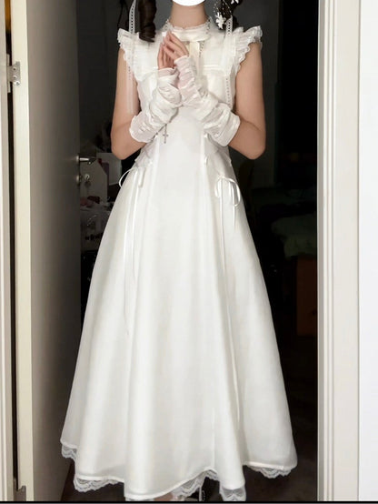 Pure Flutter Waist White Lace-Up Dress:Long Versionwith Sleeve Aesthetic