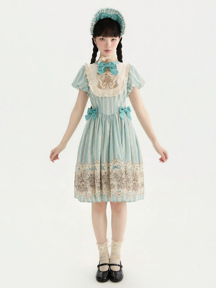 and Floral Blue Embroidery Classic One Bowknot Piece Striped Bodice Version Lolita Short Pattern