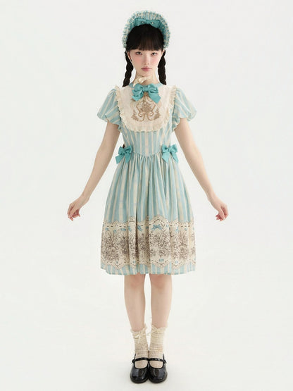 and Floral Blue Embroidery Classic One Bowknot Piece Striped Bodice Version Lolita Short Pattern