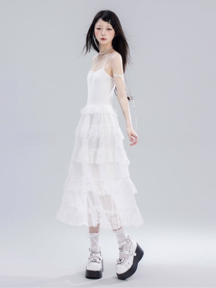 Rock Cami Kleid Taille Kette Süße Weiße Spitze Tiered Frei mit