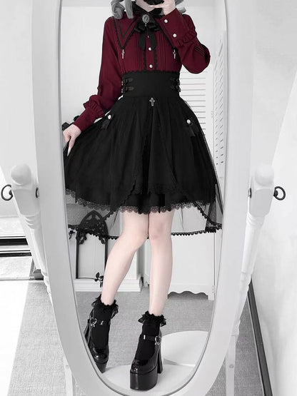 Gothic with Pointed Elegant Kei Wine Jirai Trim Charm Black Cross Blouse Lace Collar - Red