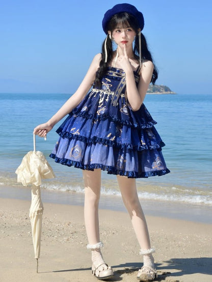 ネイビーブルーの天球儀と星空エンパイアウエストのロリータジャンパースカート