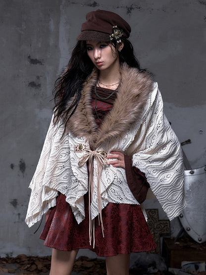 with Punk Y2K Hem Cape Collar Fur Shawl Handkerchief Knit Faux Beige Vintage