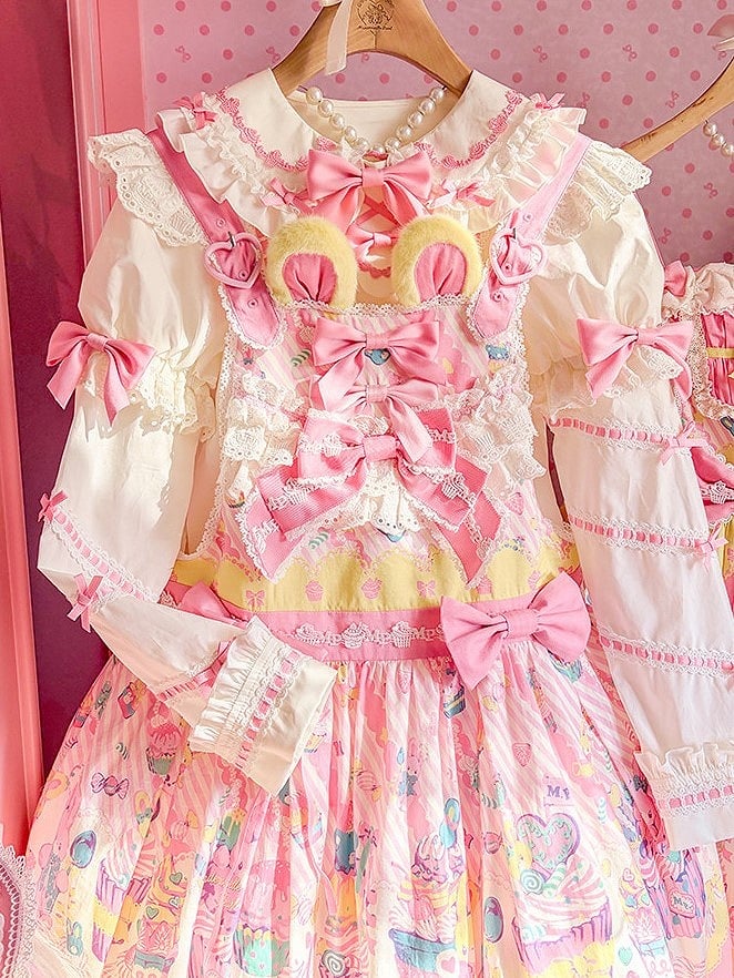 Bunny Cupcake Sweet Lolita Yellow Pink and Dress Overall Print