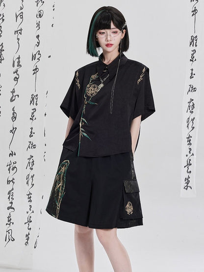 Black Chinese Embroidery Loose-Fit Asymmetrical Short-Sleeve Shirt - Qing Tang Original