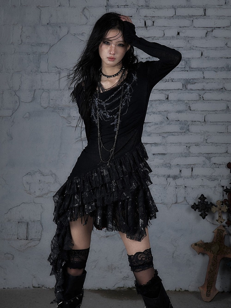Asymmetric Tiered Lace Dress Cross with Hood Black Hem Print Punk