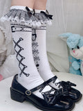 White Cuffs Ruffled Black Underknee Print With Bowknot Lolita Striped Stockings