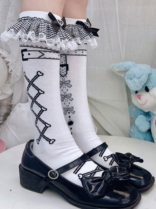 White Cuffs Ruffled Black Underknee Print With Bowknot Lolita Striped Stockings