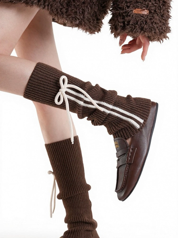 Ribbed Leg Warmers with Stripe and Bow Decor - ModaSwings