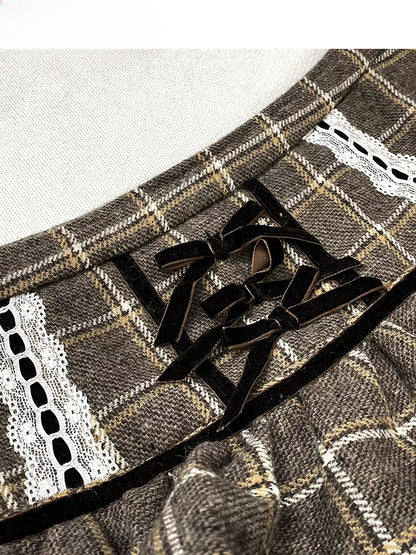 コーヒーチェック柄レースヘムティアードスカート