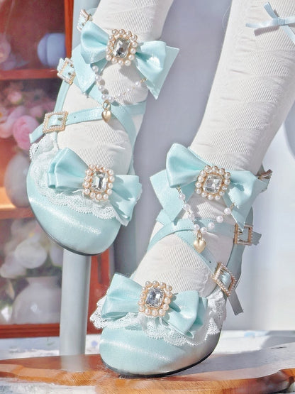 Sophisticated Lolita Lace Mint Mid - Blue Trim Heels