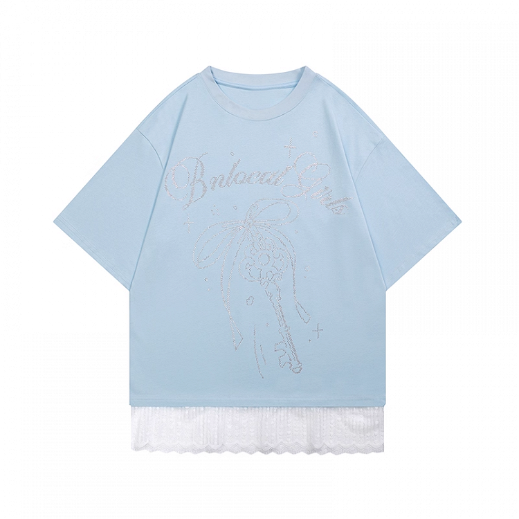 Loose Round Bowknot and Key Rhinestones Lace Trim Blue Neck T-shirt