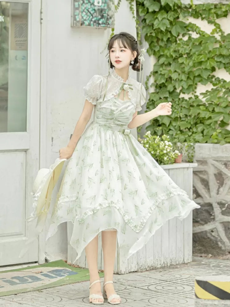 Light Green Lily of the Valley Print Handkerchief Hem Dress + Bolero
