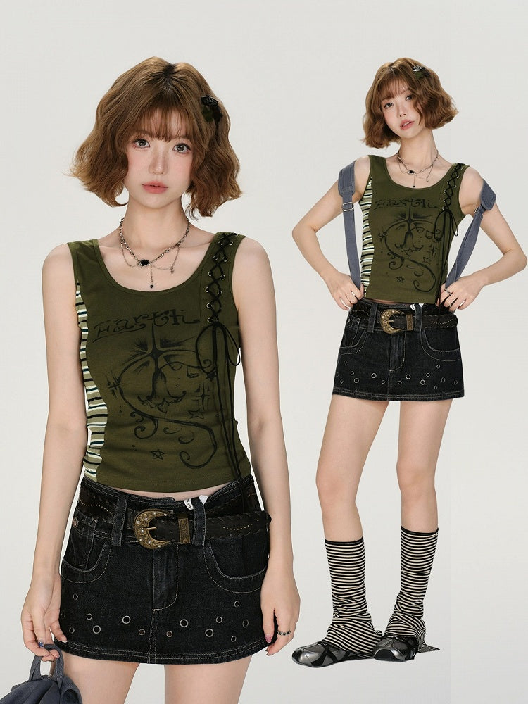 Retro Striped Patchwork Green Lace Up Top - Girlyhalo