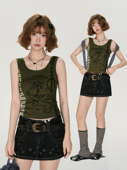 Retro Striped Patchwork Green Lace Up Top - Girlyhalo