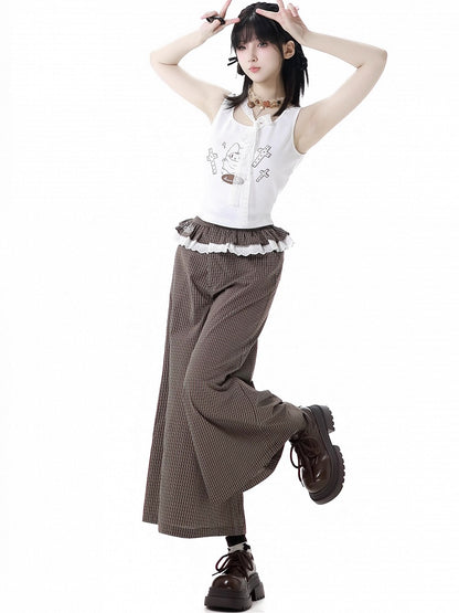 フリルレーストリムウエストワイドレッグパンツ ブラウンチェック