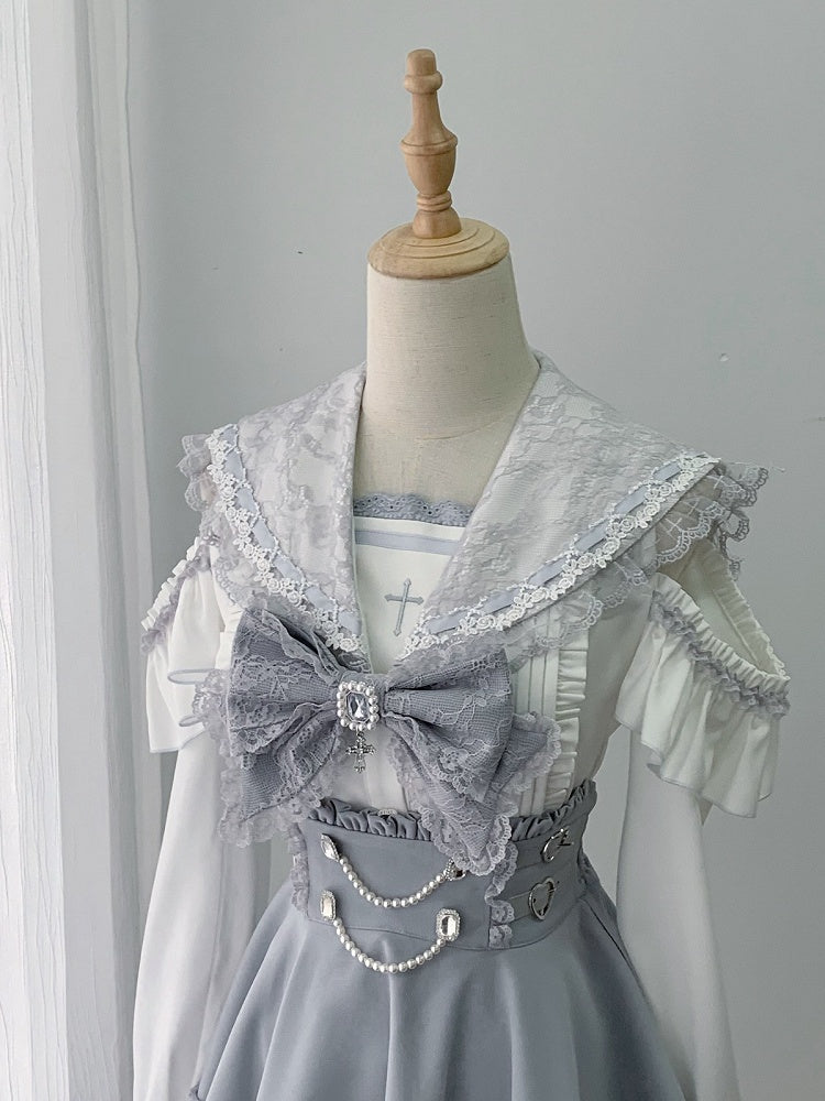 Sailor Collar Blouse with Bow Tie in Blue - Ekomi